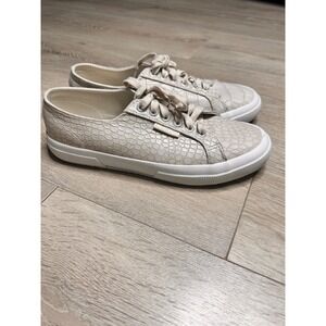 Superga Womens Sneakers Croc Embossed Faux Leather Low Top Lace Up Beige Size 8